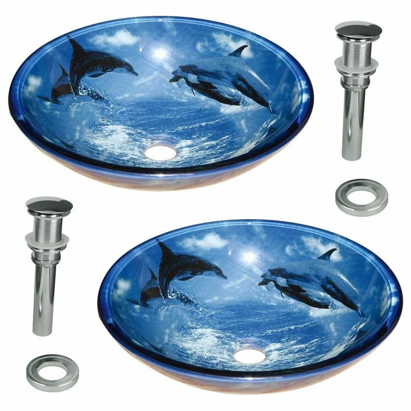 Promo ๐ Renovators Supply Manufacturing Tempered Glass Vessel Sinks With Drain, Dolphin Design Blue Bowl Sinks Set Of 2 ๐ 3 Promo ๐ Renovators Supply Manufacturing Tempered Glass Vessel Sinks With Drain, Dolphin Design Blue Bowl Sinks Set Of 2 ๐