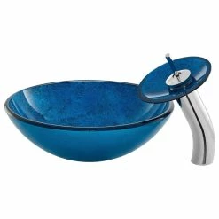 Promo โ๏ธ Swiss Madison Cascade 16.5 Glass Vessel Sink With Faucet, Ocean Blue ๐