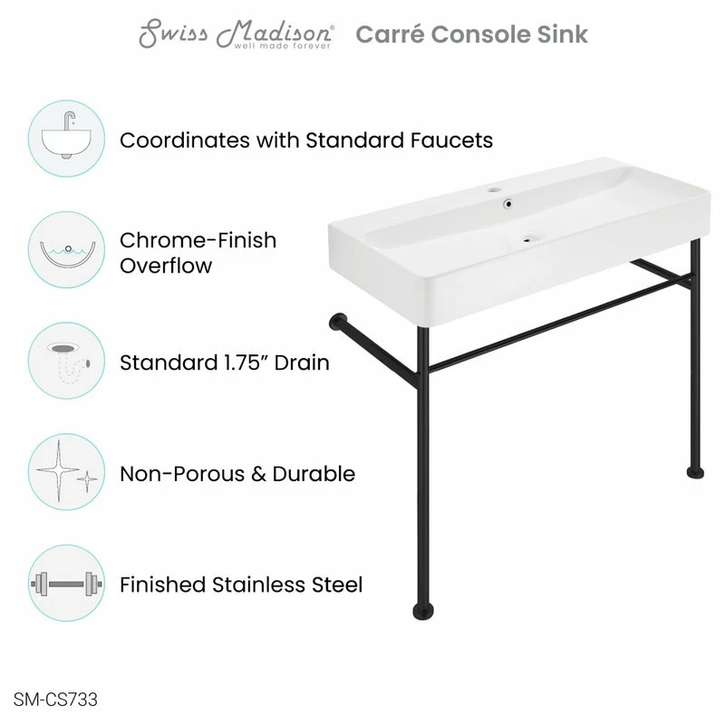Best deal ๐ Swiss Madison Carre 36" Ceramic Console Sink White Basin Black Legs ๐ 9 Best deal ๐ Swiss Madison Carre 36" Ceramic Console Sink White Basin Black Legs ๐ - Image 7