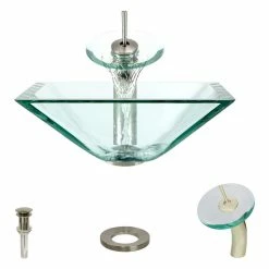 Best reviews of ๐ฅ MR Direct Sinks And Faucets 603 Colored Glass Vessel Sink, Crystal, Waterfall Faucet, Brushed Nickel ๐