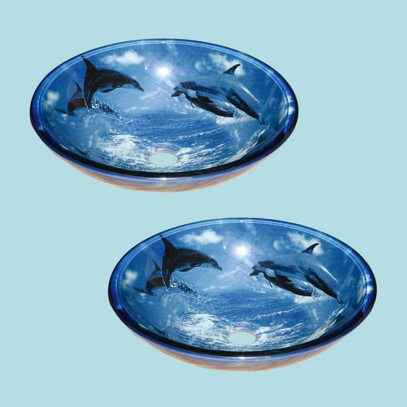 Promo ๐ Renovators Supply Manufacturing Tempered Glass Vessel Sinks With Drain, Dolphin Design Blue Bowl Sinks Set Of 2 ๐ 4 Promo ๐ Renovators Supply Manufacturing Tempered Glass Vessel Sinks With Drain, Dolphin Design Blue Bowl Sinks Set Of 2 ๐ - Image 2