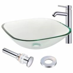 Best deal 💯 Yescom Square Tempered Glass Vessel Sink Basin, Faucet Mounting Ring Pop Up Drain Set 😍