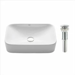 Wholesale 🧨 Kraus USA, Inc. Elavo Ceramic Rectangle Vessel White Sink, PU Drain Chrome 💯