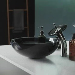 Cheapest ๐ Swiss Madison Cascade 16.5 Glass Vessel Sink With Faucet, Black โ
