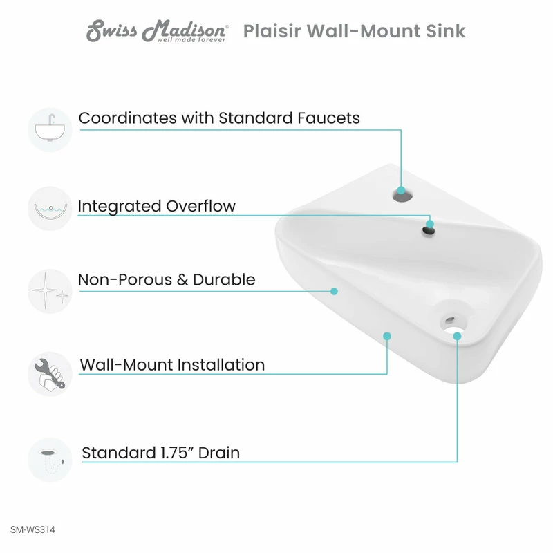 Best Pirce ๐ Swiss Madison Plaisir 18"x11" Ceramic Wall Hung Sink With Faucet Mount, Left Side ๐ 6 Best Pirce ๐ Swiss Madison Plaisir 18"x11" Ceramic Wall Hung Sink With Faucet Mount, Left Side ๐ - Image 4