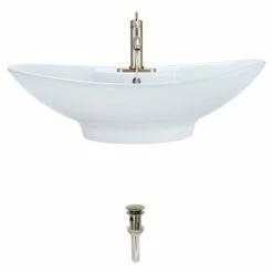 Discount 🎁 MR Direct Sinks And Faucets V210 Porcelain Vessel Sink, White, 753 Vessel Faucet, Brushed Nickel 🎉