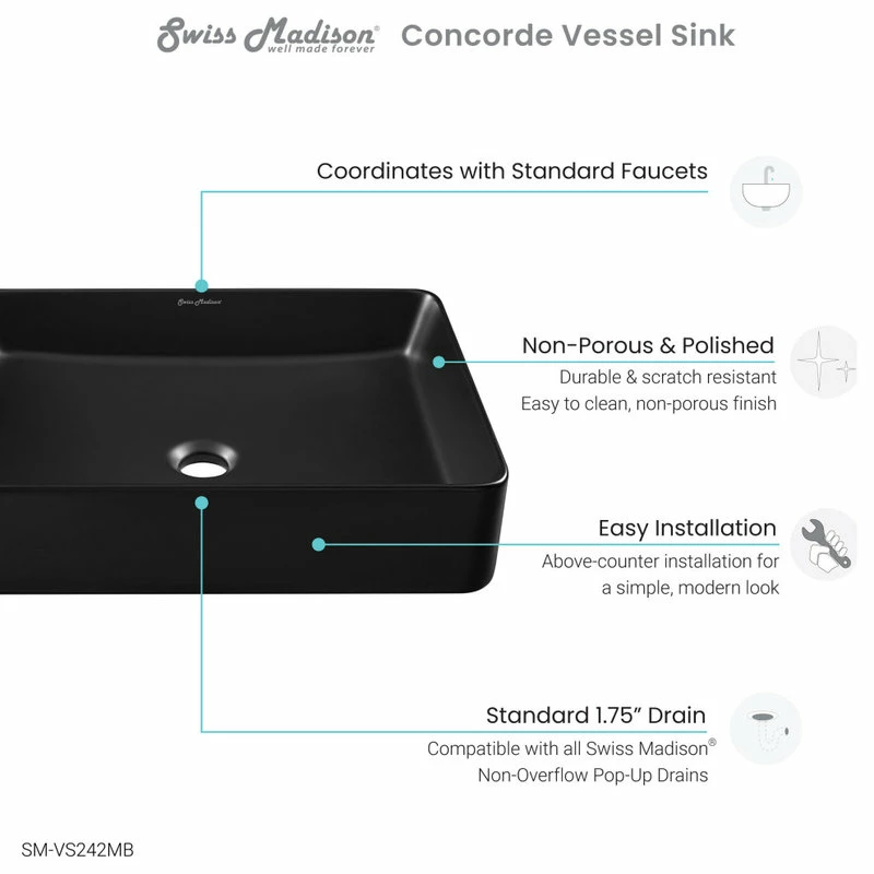 Discount โญ Swiss Madison Concorde Rectangle Ceramic Vessel Sink, Matte Black ๐ 9 Discount โญ Swiss Madison Concorde Rectangle Ceramic Vessel Sink, Matte Black ๐ - Image 7