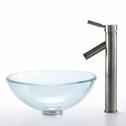 Cheapest ⭐ Kraus USA, Inc. Clear 14" Glass Vessel Bathroom Sink, PU Drain, Mounting Ring, Nickel 👏 -Bathroom Sinks Shop b101cced00e5e818 3147 w800 h800 b0 p0