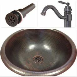 Brand new ๐ SimplyCopper 15" Round Copper Vessel Vanity Sink, Faucet & Drain Combo โญ