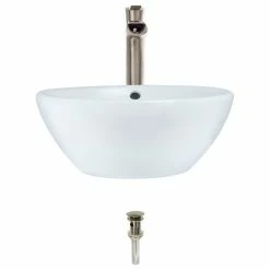 Promo ⌛ MR Direct Sinks And Faucets Porcelain Vessel Sink, White, Vessel Faucet, Brushed Nickel 👏