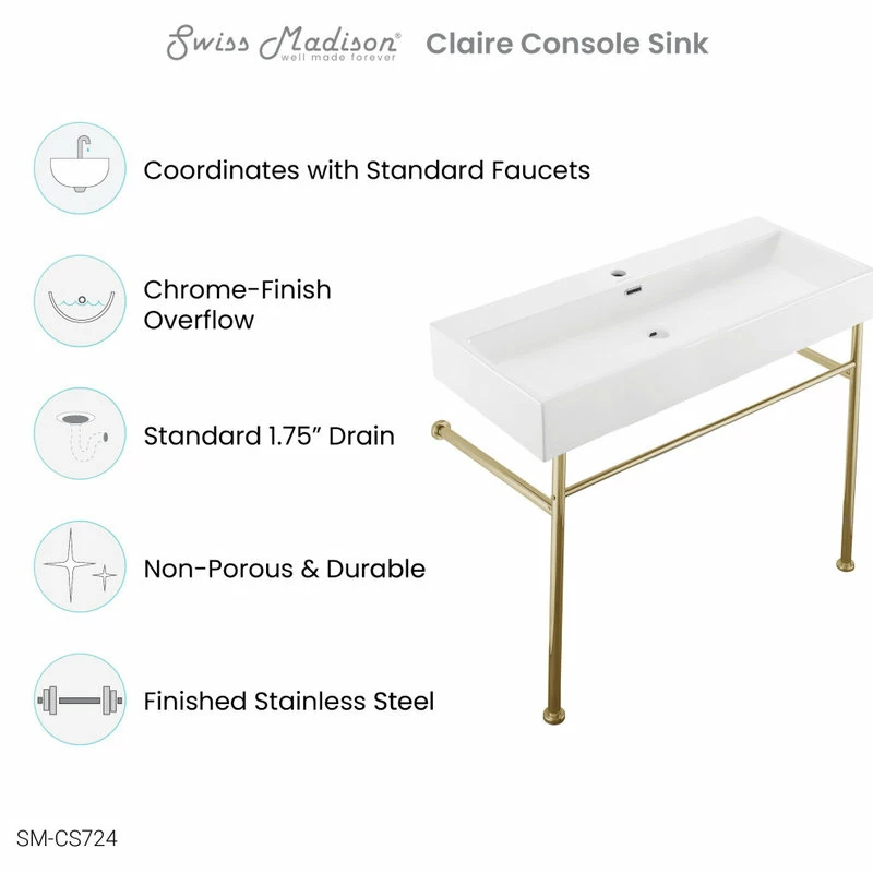 Best Sale ๐ Swiss Madison Claire 40" Ceramic Console Sink White Basin Gold Legs ๐ฅ 9 Best Sale ๐ Swiss Madison Claire 40" Ceramic Console Sink White Basin Gold Legs ๐ฅ - Image 7