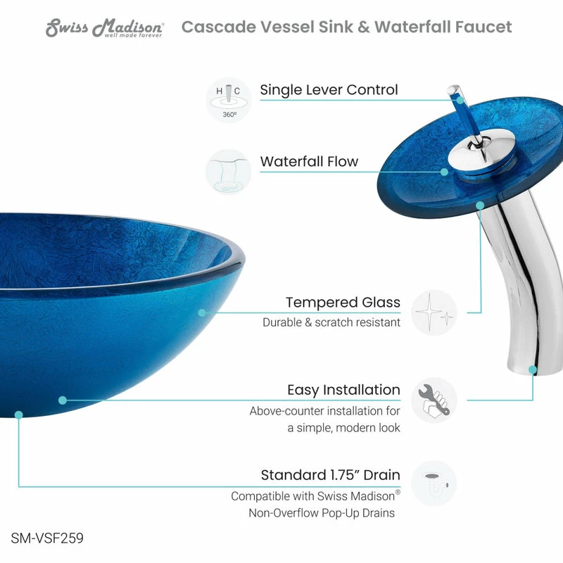 Promo โ๏ธ Swiss Madison Cascade 16.5 Glass Vessel Sink With Faucet, Ocean Blue ๐ 10 Promo โ๏ธ Swiss Madison Cascade 16.5 Glass Vessel Sink With Faucet, Ocean Blue ๐ - Image 8