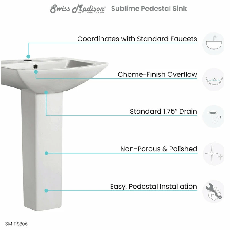 Discount ๐ Swiss Madison Sublime Pedestal Bathroom Sink Rectangular With Single Faucet Hole ๐ 11 Discount ๐ Swiss Madison Sublime Pedestal Bathroom Sink Rectangular With Single Faucet Hole ๐ - Image 9