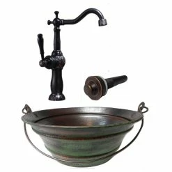 Budget โจ SimplyCopper 15" Copper Bucket Vessel Bath Sink Green Patina Exterior, ORB Faucet & Drain ๐