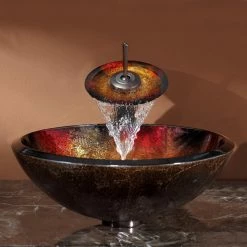 Brand new โจ Kraus USA, Inc. Glass Vessel Sink, Bathroom Waterfall Faucet, Drain, Mount Ring, Oil Rub Bronze โ
